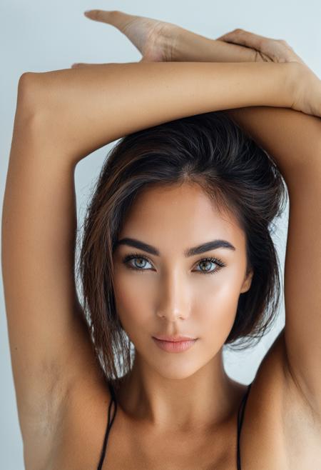 24 year old, hair, breasts, eyes, best quality, RAW photo, subject, 8k uhd, high quality, photorealistic, splendid, Soft-focus shot, <lora:add-detail-xl:1.0> <lora:onlfnmdXLrd:0.55>, onlfnmdxlrd, 1girl, solo, looking at viewer, arms up, head tilt, traditional media, arms behind head, close-up, realistic