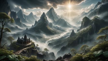 A breathtakingly detailed photograph of a vast mountainscape showcasing a magnificent display of god rays piercing through the dense peaks, converging towards the viewer. The scene is enveloped in a subtle, ethereal mist, adding to the mystique of the landscape. Lighting is diffuse and soft, yet brilliantly illuminates the myriad hues. Captured in ultra-high 16K resolution, akin to the clarity and finesse of a FUJIFILM masterpiece. The image is a testament to hyper-realism, with an emphasis on hyper-detailed plants and foliage, enhanced by a 1.3 detail multiplier. The overall composition is rendered in Ultra High Definition (UHD), embodying the essence of a true masterpiece, with every minute element meticulously defined and vividly brought to life. 