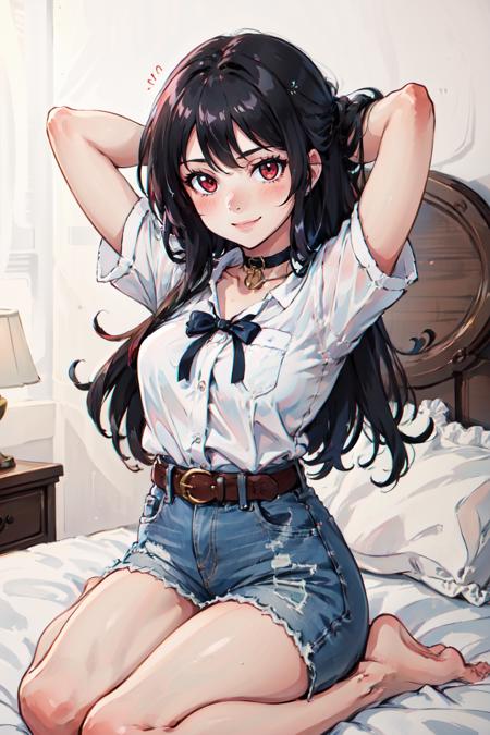 Highly detailed, High Quality, Masterpiece, beautiful, solo, 1girl, nevin, red eyes, white shirt, <lora:Nevin:0.8>, seiza, bed, arms behind head, smile. blush, from above,