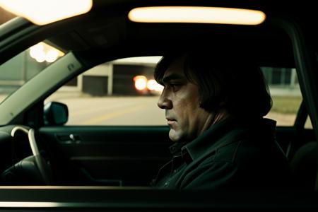 Chigurh, realistic face,f/1.4,portrait,photo,hyperdetailed, dark, night,eerie,
male_focus, blurry, blurry_background, ground_vehicle, motor_vehicle, realistic, car, driving, car_interior
,<lora:Chigurh_v1:1>