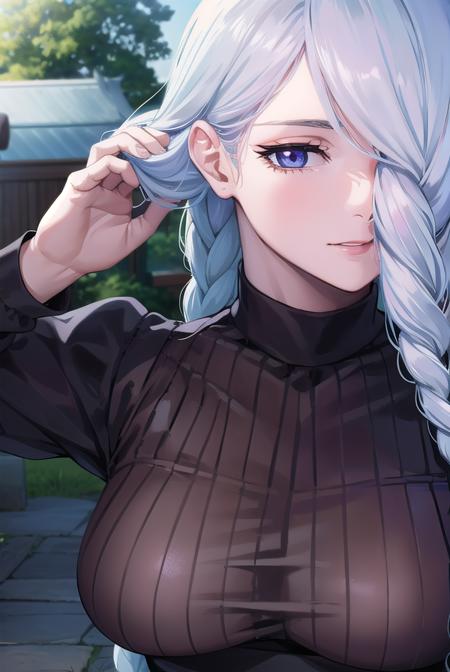 meimei, <lora:meimei-lora-nochekaiser:1>,
mei mei, long hair, very long hair, braid, (hair over one eye:1.5), braided ponytail, one eye covered, braided bangs, (purple eyes:1.1),
BREAK long sleeves, dress, puffy sleeves, black dress, juliet sleeves, turtleneck dress,
BREAK looking at viewer, upper body, full body,
BREAK outdoors, shrine,
BREAK <lyco:GoodHands-beta2:1>, (masterpiece:1.2), best quality, high resolution, unity 8k wallpaper, (illustration:0.8), (beautiful detailed eyes:1.6), extremely detailed face, perfect lighting, extremely detailed CG, (perfect hands, perfect anatomy),