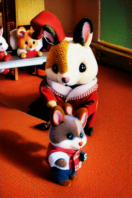 sylvanianfamilies, rabbit, husky, hamster, cute, wearing red robe, <lora:sylvanianfamilies-768x768-mix-ReVAnimated:0.6>