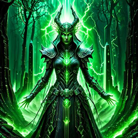 Necron, electricity, green glow, green theme, A powerful female witch forged from Necron technology, her entire form a fusion of ancient machine and mystic energy. Her body is crafted from dark, metallic exoskeleton plates inscribed with glowing green runes and circuitry that pulse with electricity. Emerald light seeps from the seams of her armor-like skin, radiating a spectral glow that dances across the ground with every step. Her eyes burn with arcane power, and coils of green lightning arc between her fingers as she raises her hand, channeling forbidden energy. She wears a cloak of shifting metal mesh that flows like liquid shadow, crowned with a jagged, tech-woven headdress resembling both a sorceress’s hood and a Necron helm. The magical environment around her is a surreal fusion of fantasy and sci-fi—glowing glyphs float through the mist, twisted trees hum with bio-mechanical energy, and floating monoliths pulse with ancient power. She stands at the center of it all, a harbinger of resurrected sorcery and techno-magic, Masterpiece level quality, soft lighting, bright lighting, sharp focus, fine details, high quality, precise, high resolution, 4k, 8k,