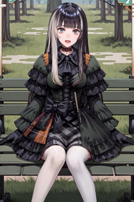 <lora:Raden:0.7>, 1girl, solo, juufuutei raden, black choker, black dress, green corset, checkered skirt, black gloves, white legwear, open mouth, (outside), (nature), (trees), (grass), (sitting), (sitting on bench)