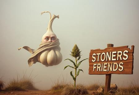 Imagine this surreal, fog-laden scene: a human-like garlic figure floats gracefully, its face bearing expressive eyes that make direct contact with the viewer. It’s wrapped in a windswept cloak that adds to its mysterious allure. Beside it stands a relaxed, anthropomorphic weed bud, grinning as it exhales smoky tendrils that mingle with the swirling, looping air around them. To the side, a rotten wooden sign reads STONERS FRIENDS, its letters faded and chipped, barely clinging to the worn-out wood. The entire scene, captured in intricate, award-worthy detail, has the warm, grainy look of a vintage 35mm photograph, with Kodachrome tones and a dreamy vignette that lend a nostalgic, Lomography-inspired feel.
