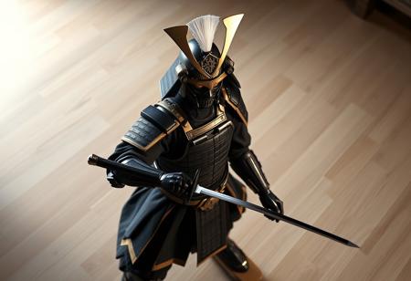 An oval portrait, cinematic photorealistic rendering via Octane Render and Unreal Engine 5: A cyborg samurai warrior, poised in a ready stance on a light-colored wooden floor. Full-body traditional black and gold accent armor covers the figure, a stark contrast. The black kabuto helmet features a distinctive white plume. A sword gleams subtly in the right hand, the left rests on a spear. Intense, captivating lighting creates sharp lines and shadows, highlighting the metallic and fabric textures. Focus is intentional on the samurai, framed perfectly within the oval. High-res, 4K, Exceptional Quality, More Detail, Lifelike Details, Super Detailed Face and Eyes and Clothes, Handcrafted with Precision, High Quality, Stunning Colors, Harmonious Colors, Multi Colored, Contemporary Aesthetics, Beautiful Matte Painting, Impeccable Composition, Creative Angle, Attractive Background, Balanced Editing, Well-timed Moment, Isometric view, Dynamic Action Pose, Vivid Emotions, Beautiful Detailed Eyes, CGSociety, Artstation Trending on ArtstationHQ, Golden Ratio. very detailed.