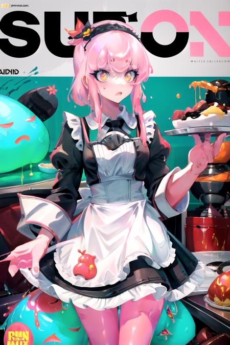 magazine cover, english_text, holding plate, food, (maid), black dress, 1girl, <lora:junoslime-20:1> junoslime, slime girl, flower, hair flower, <lora:coloredSkinCONCEPT_v219:1>, (pink skin),, Masterpiece, best quality, Masterpiece, best quality, Masterpiece, best quality, Masterpiece, best quality, Masterpiece, best quality, Masterpiece, best quality