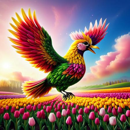 jaynl-tm, made of tulips, A majestic bird made entirely of blooming tulip petals soars gracefully through a bright and beautiful sky. Its wings unfurl in vibrant layers of red, yellow, pink, and purple tulips, each petal fluttering like feathers in the wind. The body glows with natural radiance, a seamless fusion of delicate blossoms and graceful avian form. As it flies, petals shimmer in the sunlight, leaving a soft trail of floral sparkles in its wake. Below, the land stretches in soft hues of green and gold, but the tulip bird remains high above—gliding effortlessly through cotton-candy clouds and the warm, golden glow of a magical sky, Masterpiece level quality, soft lighting, bright lighting, sharp focus, fine details, high quality, precise, high resolution, 4k, 8k,