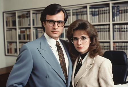 Old photography from 1980s, couple in expensive business outfits, in glasses, elegantly posing in office, (detailed hands1.3), 8k, intricate details,