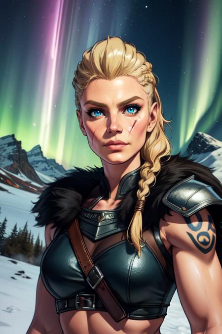 Eivor, ,blonde hair,  serious,  blonde hair, blue tattoos,  braid,  cheek scar, 
leather armor, fur trim,   sleeveless,  muscular,  midriff, 
upper body, standing,  looking at viewer,  
northern lights, mountains, cold,  camp, 
(insanely detailed, beautiful detailed face, masterpiece, beautiful detailed eyes, best quality) 
 <lora:Eivor-10v6:0.7>