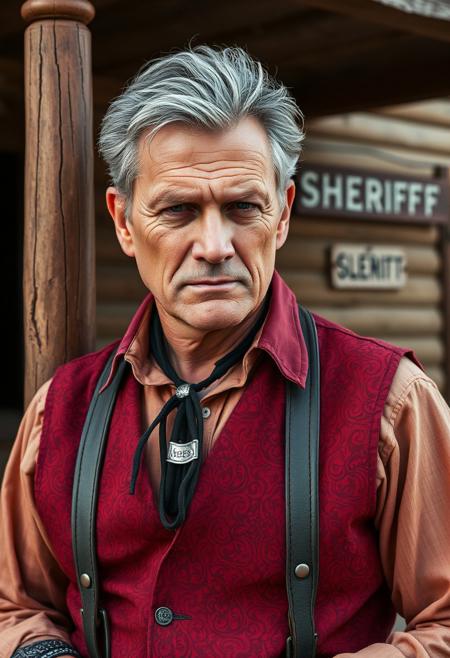 depicting a close up of a middle aged gunslinger in his late 40s. His face is weathered and scarred from a rough lifestyle. He has greying blond hair that is short at the back and sides. He is dressed in a red silk vest with a dark red paisley pattern, over a cream-colored shirt. He wears a black and silver bolo tie and brushed steel bracelets. He is standing outside an old west sheriff's office, leaning against one of the pillars that holds up the awning.