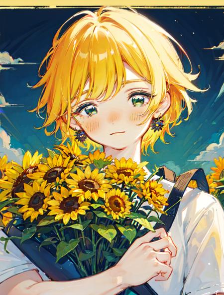 shouhui,shouhui, 1boy, bangs, blonde hair, blush, bouquet, closed mouth, daisy, dated, eyebrows visible through hair, flower, green eyes, happy birthday, holding, holding bouquet, holding flower, jewelry, looking at viewer, male focus, parted bangs, shirt, short hair, short sleeves, signature, smile, solo, sunflower, traditional media, upper body, white shirt, yellow flower, yellow rose, blue eyes, <lora:shouhuiline:1>