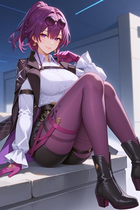 KafkaBren, 1girl, purple hair, purple eyes, eyewear on head, long hair, mature female, hair between eyes, ponytail, lips, seduce, smug, both_eyes_closed shirt, white shirt, gloves, purple eyes, long sleeves, jacket, sunglasses, pantyhose, shorts, purple gloves, boots, black jacket, thigh strap, collared shirt, black footwear, black shorts,  jewelry, coat, jacket on shoulders, earrings