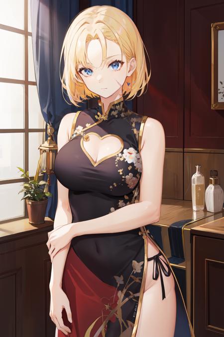 cammy sf6, 1girl,solo,blonde hair, short hair, choker,blue eyes,hear cutout,clothing cutout, china dress, large breast,china dress with heart cutout,red dress, black dress, scar on cheek<lora:china dress with heart cutout:0.7>  <lora:cammy_white-v2:1>