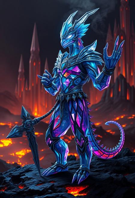 A highly detailed, intelligent portrait of a Krython, a crystalline species from volcanic realms. Standing upright with two hands, two feet, and a tail, the Krython wears ornate fantasy armor, holding an intricately designed weapon that hints at its advanced culture. Its body, made of multifaceted translucent crystals, refracts vibrant colors ranging from deep blues to shimmering purples. Its sharp, sleek limbs and angular features highlight both its intelligence and otherworldly elegance. Glowing eyes radiate internal energy, reflecting its emotions and keen awareness.
In the background, futuristic architectural spires of sci-fi design emerge from the volcanic terrain, crafted from crystal and metal, harmonizing with the surrounding geothermal environment. These towering structures pulse with energy, symbolizing the Krython’s sophisticated civilization.
The volcanic landscape, with molten lava and rising steam, glows in the eerie light of geothermal vents. The Krython stands confidently, manipulating energy waves with one raised hand, demonstrating its ability to communicate through harmonic vibrations. Cinematic lighting enhances the crystal textures and the vivid colors of the surroundings, emphasizing the majesty, power, and intelligence of the Krythons, guardians of their volcanic realm. (Ultra-realistic, 32k, Masterpiece, High Quality, Detailed Realistic Background, Official Art, Realistic Lighting, sci-fi).