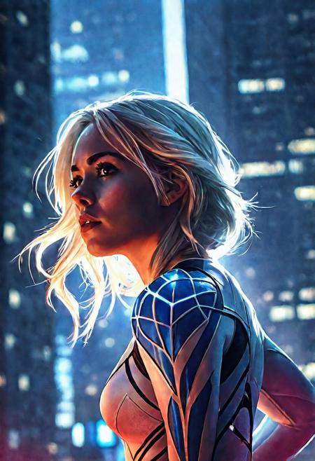High resolution ultra-realistic of Beautiful Spider-Gwen, 8k, capturing the intensity of the moment, cinematic lighting, Squatting on the roof of a skyscraper in restless New York, wavy blonde hair, realistic dirty face with blood, realistic blue eyes, beautiful hourglass figure, intricately designed Spider-Gwen tight black-white combat costume, Marvel comics Aesthetic, perfect athletic figure, beautiful Kiernan Shipka as Spider-Gwen, ultra realistic, cinematic style, vigorous and Alluring, athletic figure, sci-fi style, dramatic lighting, wet and sweaty skin, dirty pale skin, athletic figure, dark sci-fi, blue neon, dramatic lighting, Greg Rutkowski style, Spider-Gwen on in cool dress, hyper-detailed, hyper-realistic, natural light, extremely intricat e details, masterpiece, epic, bright colours, Attractive 21 old years girl, beautiful firm Breasts, sharp focus, digital painting, Photograph Taken on Nikon D750, Alphonse Mucha, athletic figure, Hyperdetailed, hyperrealism, Attractive, Attractive bust girl, asymmetric balance