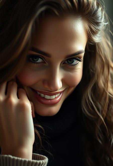 macro close-up shot of a cute  women smiling (combing her hair with her hands:1.2) looking at viewerseductively, luxurious looking turtleneck, extremely long curly hair, seductiveconfident, skin pores, imperfections, natural, beautiful eyes, dark skin, black skin, (big hair), perfect teeth, (freckles:1.2), velus hairs, 100mm f/2.8 macro lens,, film grain, candid camera, color graded cinematic, 1960s vintage RAW photo, eye catchlights, catchlights in eyes, dramatic lighting, atmospheric lighting, rembrandt lighting,
