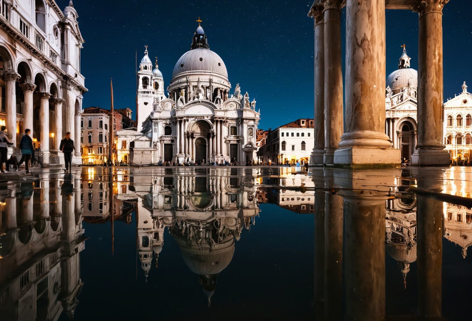 The Basilica di Santa Maria della Salute, a renowned landmark in Venice, Italy, stands majestically against the night sky....