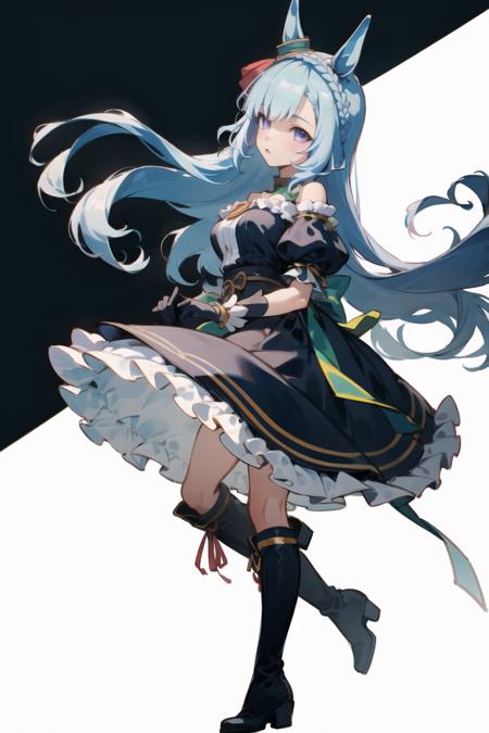 best quality,masterpiece, high res,original, beautiful detailed eyes,ultra-detailed, mejiro ardan \(umamusume\), ear ornament, gloves, black gloves, white gloves, asymmetrical gloves, mismatched gloves, detached sleeves, puffy sleeves, short sleeves, long sleeves, asymmetrical sleeves, uneven sleeves, ribbon, bare shoulders, off-shoulder dress, black dress, frilled dress, center frills, knee boots, asymmetrical footwear, mismatched footwear,
<lora:mejiroardanlove:1>