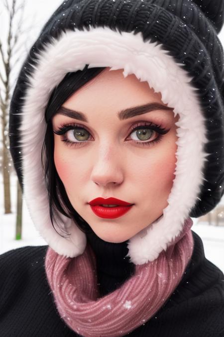 photo of a woman, grace-2907:0.99,((beautiful black hair, short hair):1.2) ((warm hat, scarf, turtleneck sweater)), ((closeup, portrait):1.2),((outdoors, snow):1.1),((red lipstick,heavy eyeliner, heavy eye shadow, blush):1.2), ((best quality, masterpiece, extreme details, high resolution):1.2),((detailed eyes, beautiful eyes, detailed face, beautiful face):1.2)