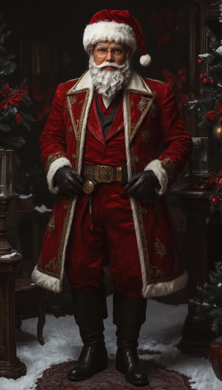 Realistic image reimagines a tall Santa Claus with a fashionable Victorian aesthetic. He dons an elegantly tailored deep red frock coat with intricate gold embroidery, a luxurious fur-lined collar, and polished leather boots. His fancy moustache is carefully groomed, paired with round, vintage spectacles. A velvet waistcoat and pocket watch add a refined touch, while snowy flakes swirl around him, enhancing the nostalgic yet stylish, aristocratic vibe. His confident, dignified pose exudes timeless charm, vantablack