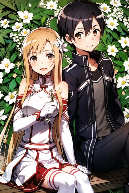 1girl, kirito, asuna (sao), breastplate, 1boy, black hair, long hair, armor, back-to-back, thighhighs, brown hair, flower, skirt, brown eyes, white armor, sitting, black eyes, holding, smile, detached sleeves, gloves, fingerless gloves, pleated skirt, red skirt, looking at viewer, open mouth, bare shoulders, hair ornament, black gloves, short hair, white thighhighs, white flower, long sleeves, hair flower, :d, miniskirt, holding flower,<lora:abec:0.8>