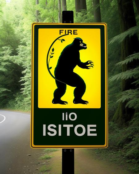 a photo of a road sign , Sasquatch Yoga Zone:1.5, a humorous road sign suggesting that Bigfoot might be engaged in a tranquil yoga session by the roadside, adding a sense of zen to the journey. , road_sign