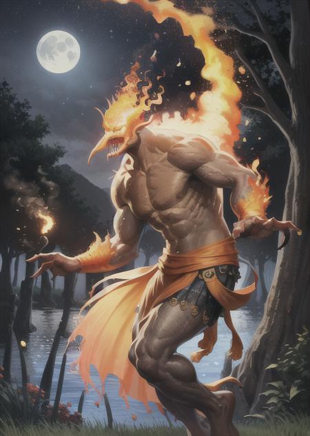 elementalmana,claws,smoke,colored skin,fire, lake,(forest),nigth,moon,male focus,full body,(no humans), <lora:elemental-10:1>