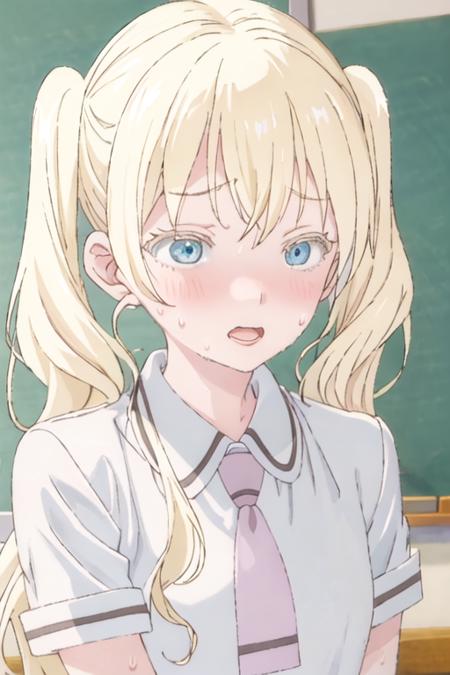 best quality, masterpiece, highres, solo, {olivia_asobiasobase:1.15}, blonde_hair, long_hair, blue_eyes, necktie, indoors, 1girl, sweatdrop, twintails, open_mouth, shirt, white_shirt, scared, turn_pale, school_uniform, shaded_face, sweat, wide-eyed