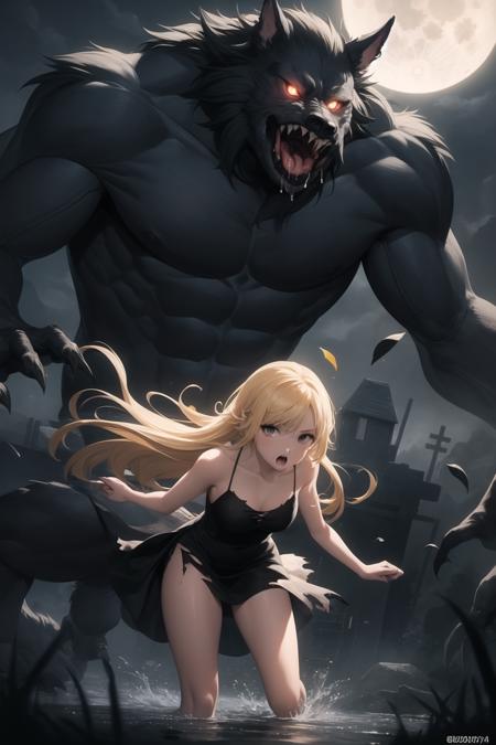 <lora:werewolf_v0.2:1>
1girl, werewolf, 1boy, vore, sharp teeth, saliva drip, glowing eyes, monster, backlighting, night, full moon, moon, sky, howling, scared, looking at viewer, black eyes, blonde hair, :o, surprised, fog, horror \(theme\), sundress, fleeing, incoming attack, torn dress, floating hair, wind, falling leaves,, masterpiece, best quality, highly detailed