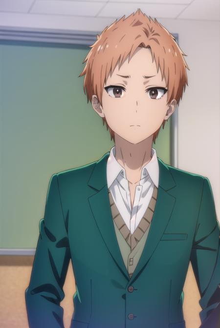 tatsumitanabe, <lora:tatsumi tanabe s1-lora-nochekaiser:1>,
tatsumi tanabe, short hair, (brown eyes:1.5), male focus, orange hair,
BREAK shirt, school uniform, jacket, white shirt, blazer, green jacket, (green blazer:1.5),
BREAK indoors, classroom,
BREAK looking at viewer, (cowboy shot:1.5),
BREAK <lyco:GoodHands-beta2:1>, (masterpiece:1.2), best quality, high resolution, unity 8k wallpaper, (illustration:0.8), (beautiful detailed eyes:1.6), extremely detailed face, perfect lighting, extremely detailed CG, (perfect hands, perfect anatomy),