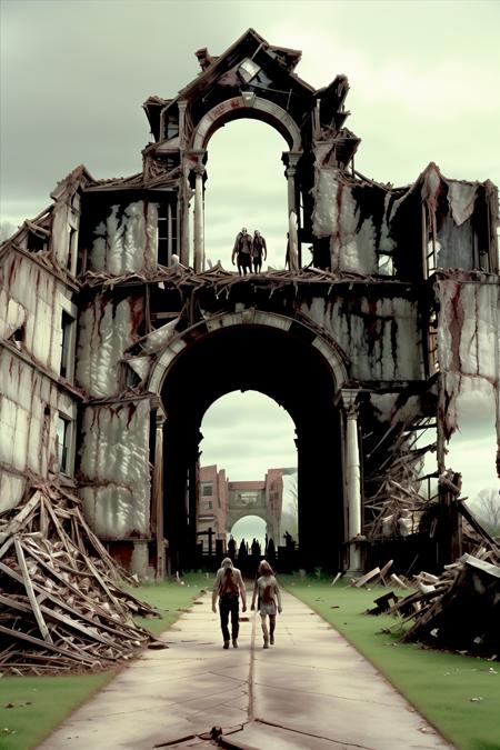 Ancient ruins of a historical landmark, survivors finding shelter and purpose within the remnants of the past, determined to rebuild their world. ,screen cap from George A. Romero's Twilight of the Dead" , twilight_of_the_dead