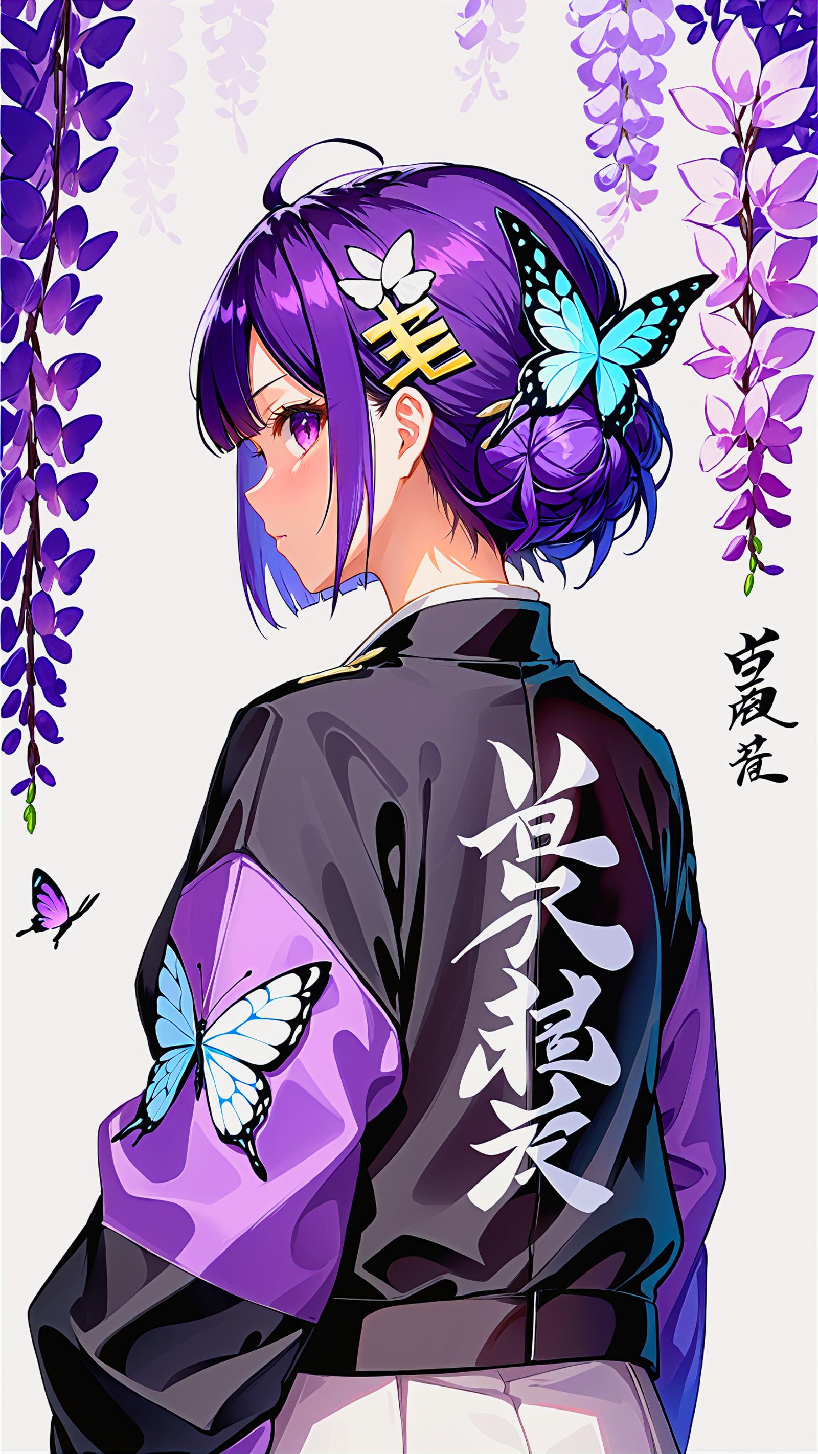 A young girl with purple hair and a butterfly design on her clothing.