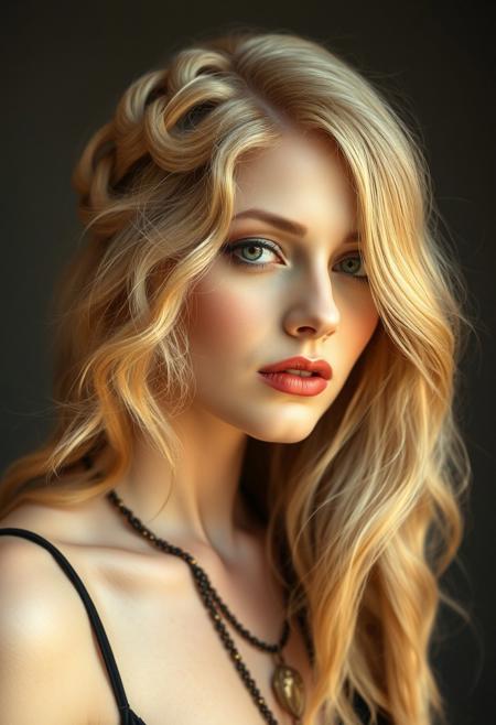 Art deco 1920s woman alabaster skin flowing blonde hair in greek braided style