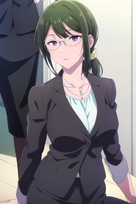 hanakokoyanagi, <lyco:hanakokoyanagi-lyco-nochekaiser:1>,
hanako koyanagi, green hair, low ponytail, (purple eyes:1.1), glasses,
BREAK skirt, pantyhose, necklace, formal, suit, pencil skirt, skirt suit,
BREAK looking at viewer,
BREAK indoors,
BREAK <lora:GoodHands-vanilla:1>, (masterpiece:1.2), best quality, high resolution, unity 8k wallpaper, (illustration:0.8), (beautiful detailed eyes:1.6), extremely detailed face, perfect lighting, extremely detailed CG, (perfect hands, perfect anatomy),