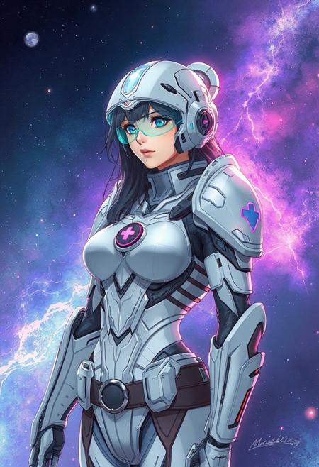 Moebius, anime concept art, female superhero, nurse hero, healer warrior, biotech armor, futuristic medic, compassionate protector, dreamlike sci-fi, cosmic fantasy, clean elegant design