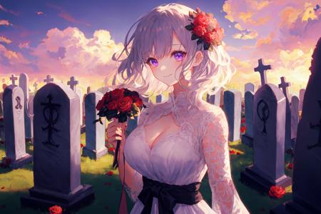 1girl, masterpiece, best quality, hyper detailed, Cinematic light, intricate_detail, highres, official art, finely detailed beautiful face, high resolution illustration, 8k, dark intense shadows, overexposure,medium white hair, messy hair, purple eyes, light smile, light glowing eyes, white dress, limited palette, black flower hair ornament, holding black rose, upper body, large breasts, detailed cloud, dark sky, gradient sky, red flower field, (eyes in shadow), depth of field, ((graveyard)), wide shot, ((tombstones))