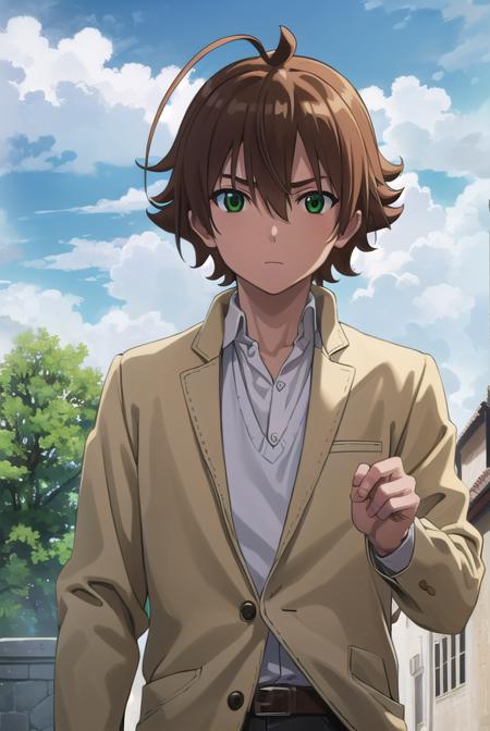 agktatsumi, <lora:agk tatsumi s1-lora-nochekaiser:1>,
tatsumi. brown hair, (green eyes:1.3), male focus, short hair, hair between eyes, ahoge,
BREAK  shirt, white shirt, collared shirt, yellow sweater, long sleeves, pants, black pants, boots, brown boots,
BREAK outdoors, nature, forest, trees, grass, sky, clouds,
BREAK looking at viewer, (cowboy shot:1.5),
BREAK <lyco:GoodHands-beta2:1>, (masterpiece:1.2), best quality, high resolution, unity 8k wallpaper, (illustration:0.8), (beautiful detailed eyes:1.6), extremely detailed face, perfect lighting, extremely detailed CG, (perfect hands, perfect anatomy),