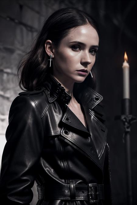 KarenG_SoloTI_v1,
(In a black leather trench coat, with silver skull earrings, for a dark and mysterious look:1.3), 
(A desolate dungeon, with torches flickering ominously, casting eerie shadows in every corner:1.3),
<lora:add_detail:0.6>,<lora:LowRa:0>, PA7_Portrait-MCU,