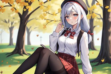 1girl,solo,hat,book,skirt,shirt,pantyhose,sitting,open book,looking at viewer,white shirt,jacket,tree,holding,red skirt,long sleeves,autumn leaves,black pantyhose,jacket on shoulders,beret,bowtie,bow,outdoors,holding book,leaf,red headwear,autumn,breasts,against tree,bangs,collared shirt,blush,medium breasts,day,green bow,ribbon,high-waist skirt,falling leaves,parted lips,ginkgo leaf,aqua bow,hair between eyes,neck ribbon,plaid bow,plaid,<lora:shenhe_a:1>,white hair,grey hair,blue eyes,grey eyes,(long hair:1.2),(braid:1.2),