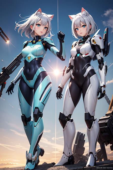 (masterpiece), best quality, high resolution, highly detailed, detailed background, perfect lighting, lens flare, mecha, 1girl medium hair white hair, cat ears, aqua eyes, mecha musume, mecha, mecha clothing, mecha armor, tight bodysuit,