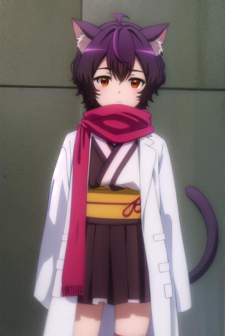 origacalmeria, <lora:origa calmeria s2-lora-nochekaiser:1>,
origa calmeria, short hair, purple hair, animal ears, (brown eyes:1.5), ahoge, cat ears, cat girl,
BREAK tail, japanese clothes, scarf, cat tail, sleeves past wrists, sleeves past fingers, labcoat, bandaged leg,
BREAK indoors,
BREAK looking at viewer, (cowboy shot:1.5),
BREAK <lyco:GoodHands-beta2:1>, (masterpiece:1.2), best quality, high resolution, unity 8k wallpaper, (illustration:0.8), (beautiful detailed eyes:1.6), extremely detailed face, perfect lighting, extremely detailed CG, (perfect hands, perfect anatomy),