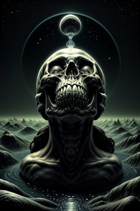 A close-up photorealistic image of a crystal-like floating skull facing dynamic view with its mouth open, pouring from it's mouth a shimmering liquid resembling the universe onto the ground, filled with rich stars and swirling galaxies. A simple void background enhances the dark atmosphere, shrouded in fog, capturing the hypnotic flow and shimmer of the cosmic liquid, from below,