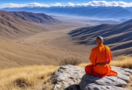 monk seated on a rock outcropping, The monk is dressed in bright orange and red robes, his head turned slightly to the left as he faces the camera, his hands clasped in a prayer-like gesture. He sits cross-legged on the rocky surface that occupies the foreground of the image. The middle of the field presents a terrain of dry grass and scattered shrubs, leading towards a deep valley. In the background, a superb panorama of mountain ranges is revealed, further away, mountains creating an impression of depth and immensity. The highest peaks are snow-capped and display a brilliant white color which contrasts strongly with the clear and deep blue with some white clouds