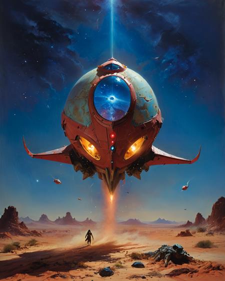John Carter Warlord of Mars, sand, floating spaceship, blue hour, Flash Gordon, pulp magazine, blue, planet in the sky, <lora:add-detail-xl:0.75> <lora:xl_more_art-full_v1:0.5>