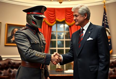 classic cobra commander in an immaculate military dress uniform posing for photo shaking hands with president clinton of the united states in sharp suit inside the oval office, real photograph, infusion of gi joe and ww2 german style, photorealistic, correct hands, correct fingers, presidential seal, vote button, campaign photo, election, elegant scene