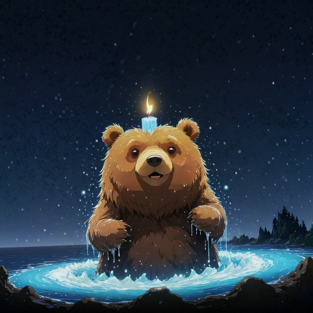 (stylized by Lauren Faust:0.8) and (theCHAMBA:0.9) and (Edogawa Ranpo:0.8) , anime key visual, concept art, intricate background, extreme wide shot of a Complementary Granular (Bear:1.3) , from inside of a Basic Ocean, Italian nature and water, Snowing, deep focus, Graphic novel, Amusing, Catholicpunk, Candle light, L USM, Mono Color, cosmic energy, moody, Pixabay, arthouse