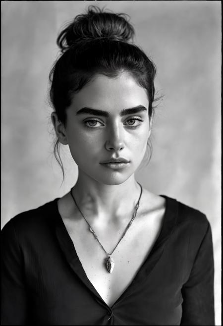a black and white portrait of a young woman, she is looking directly at the camera with a serious expression on her face.