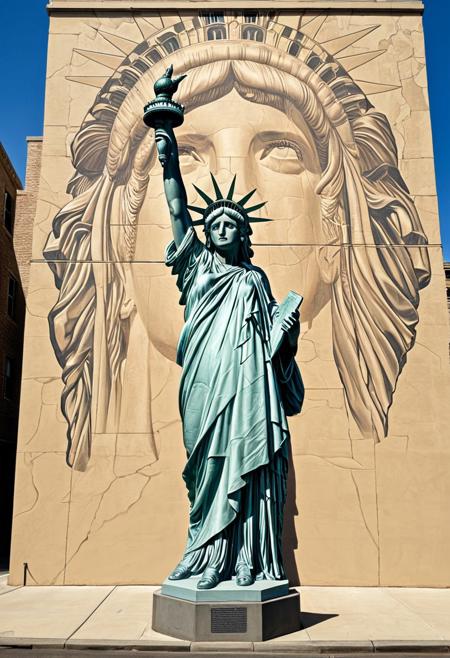 masterpiece art, tall highrise housing, the projects highrise, front view of beige color flat concrete wall with (colossal mural painted on wall:2.0), (hyper realistic painting of the Statue of Liberty also known as Lady Liberty:2.0), she is standing tall, wearing a her famous robe with beatiful intricate creases, though this image of her has been modified with alterations, she has black gaffer tape or black duct tape covering her eyes (see no evil), she has placed her beautiful hands with elegant fingers covering her ears on either side of head (hear no evil), she has black gaffer tape or black duct tape covering her mouth so she cannot speak (speak no evil), 2 feet visble, she has dropped the torch and the torch has fallen outside of the wall and onto the street below, the famous Liberty torch with a short handle is lying on it's side on the ground, surrounding the fallen torch are cracks in the street, with long shadows casted. ArsMJStyle, Colored pencil hyperdetailed realism, in the style of tim doyle