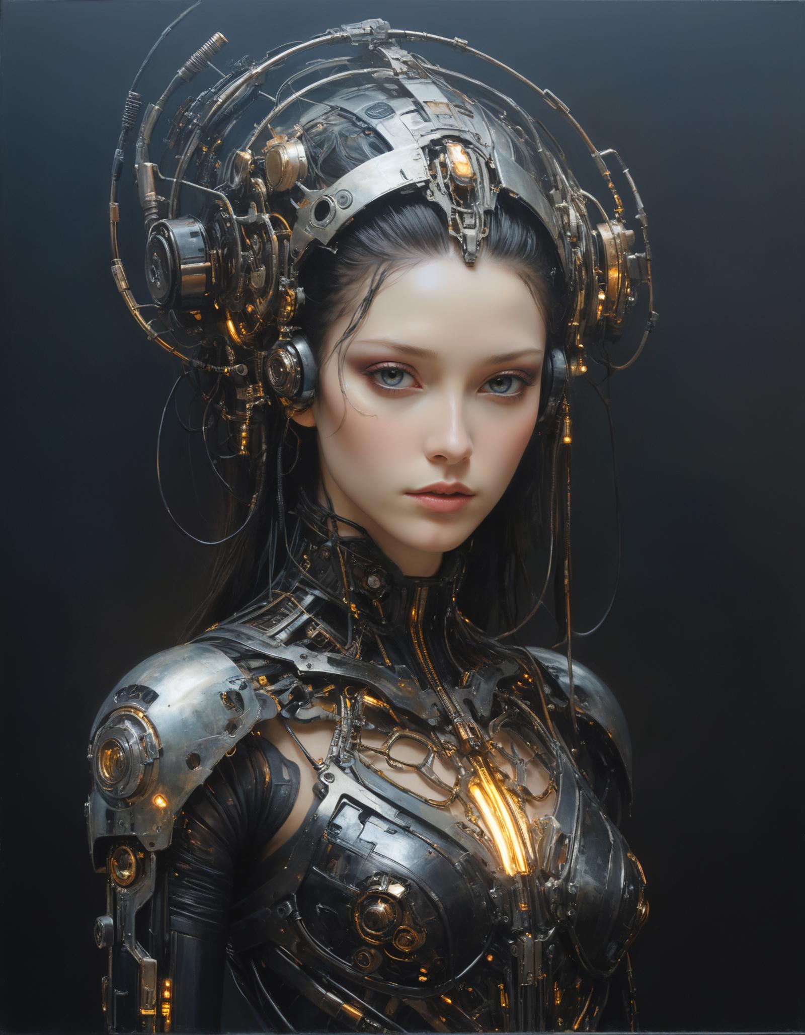 A dark, futuristic scene with a woman wearing a metal headpiece and a black dress.